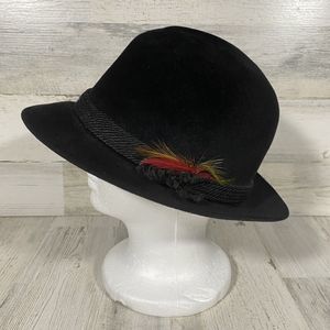 Vintage Dobbs 5th Ave Black Fedora Size 6 7/8 Black Band Red Feather Classic EUC